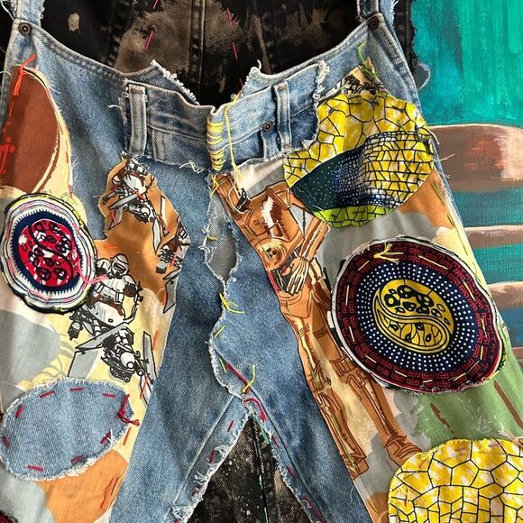 Patchwork Denim Jumper Skirt Upcycled Overall Dress Painted One of a Kind OS - Picture 5 of 16